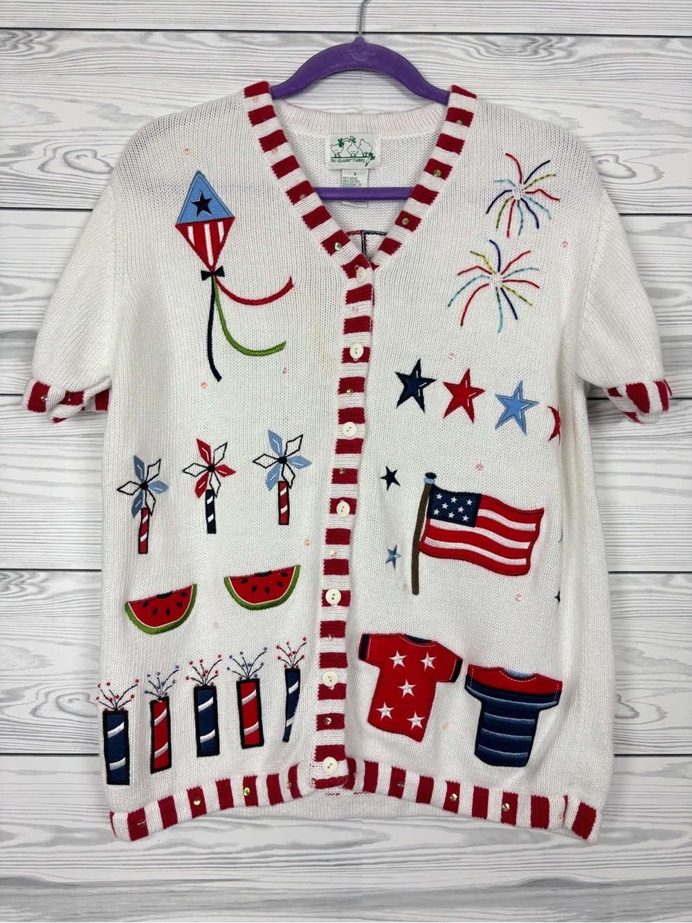 The Quacker Factory Americana Knit Button Down Blouse/Cardigan Patriotic